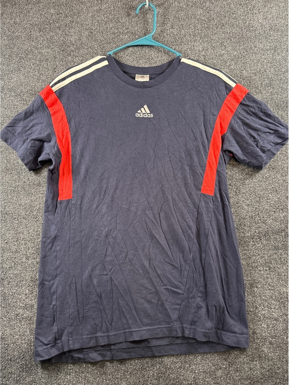 Adidas T Shirt Mens S Navy Blue Red 3 Stripe Athletic Training Sportswear Tee